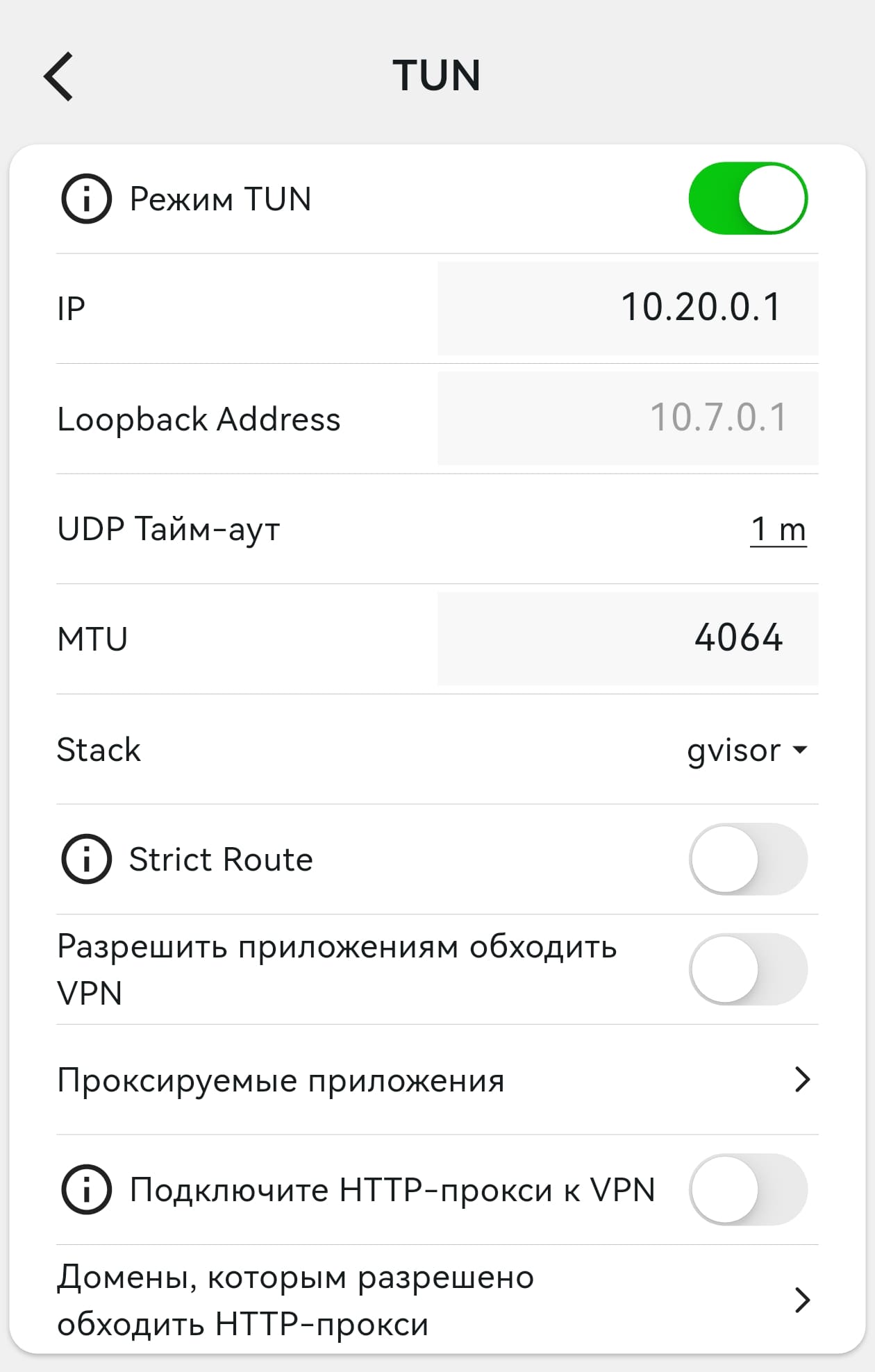 Настройка режима TUN в главном меню Karing
