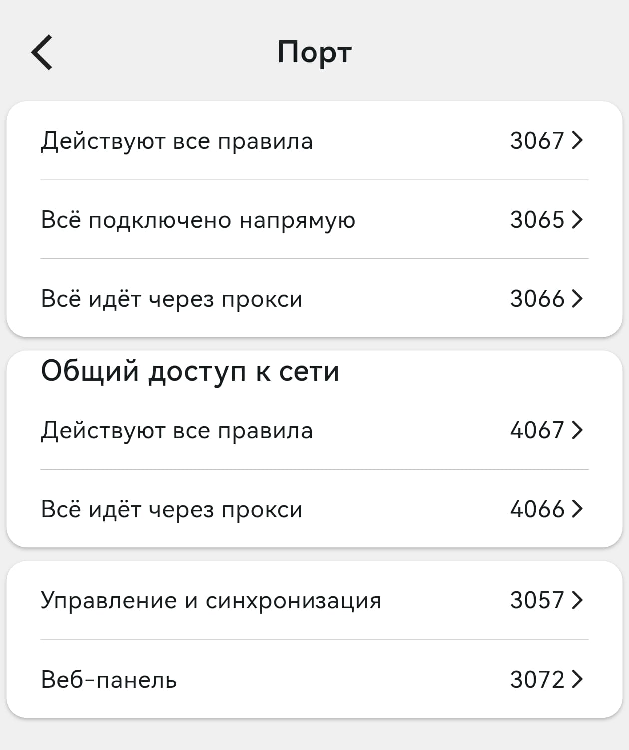 Настройка портов Karing: 3067, 3057, 3065, 3066