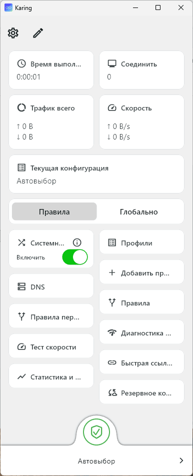 Установленное соединение в Karing на Windows